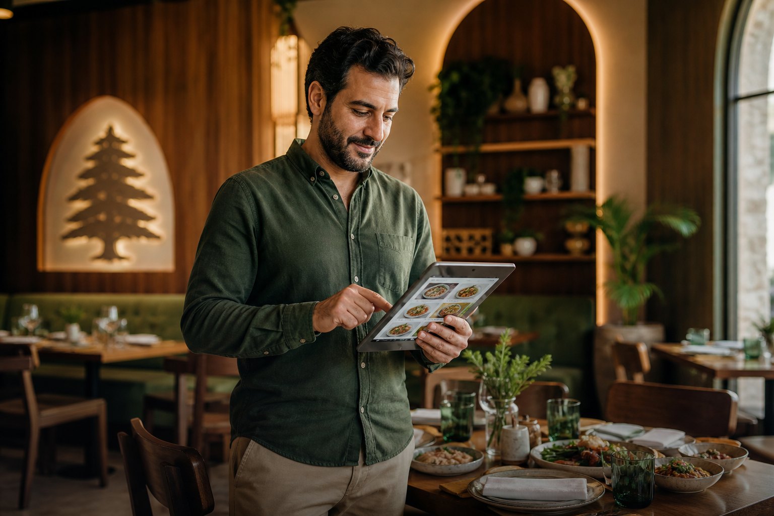 Restaurant owner updating a digital menu on a tablet